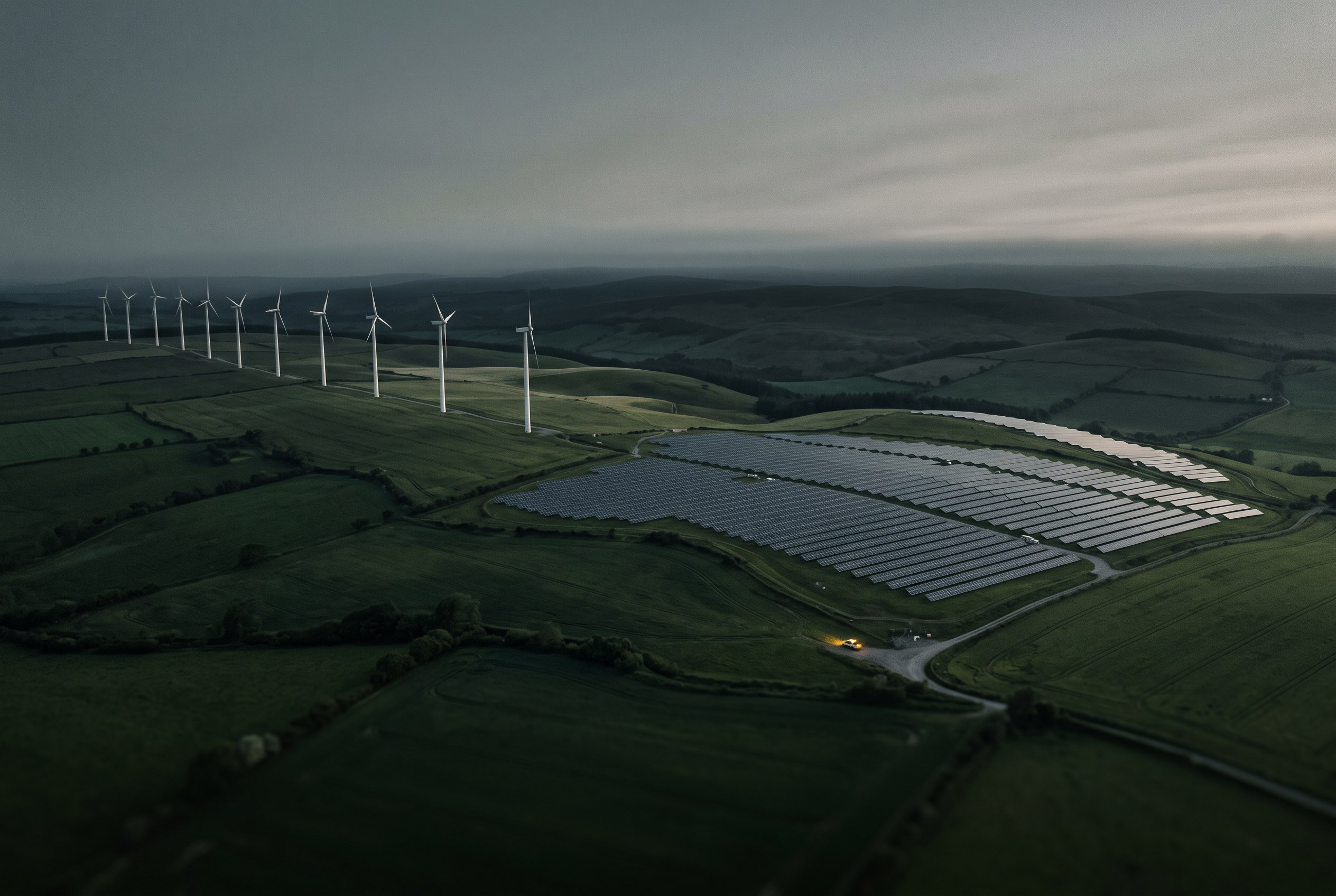 Luftaufnahme von Windrädern und Solarfeld in grüner Hügellandschaft im Morgenlicht